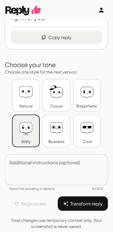 ReplyLike tone picker with Witty selected